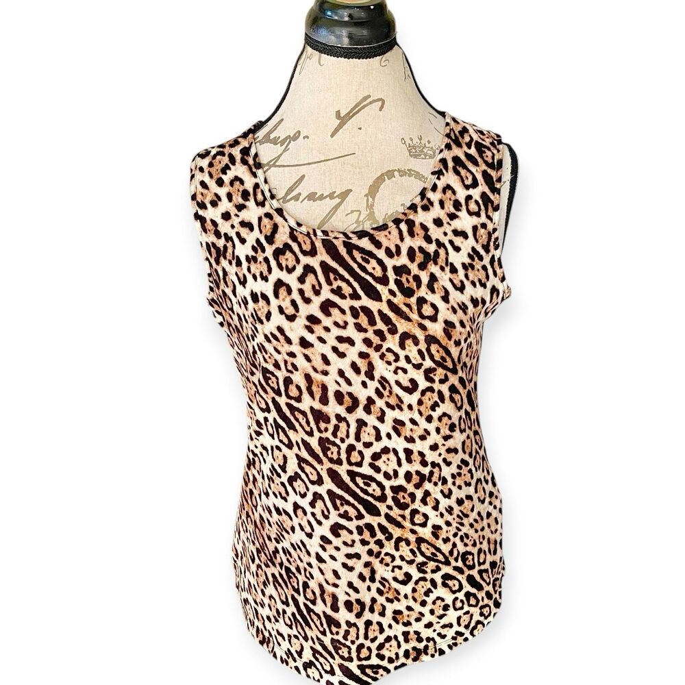 Kasper Women Small Sleeveless Leopard Print Knit Blouse Top Animal Pullover Y2k - Picture 2 of 12